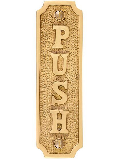 Vertical Cast Brass Push Sign in Polished Brass.